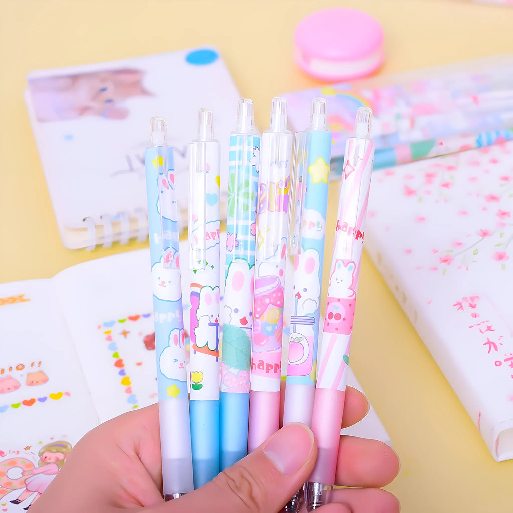 Six cartoon bunny design pens with 0.5mm tips and neutral black ink in plastic shells
