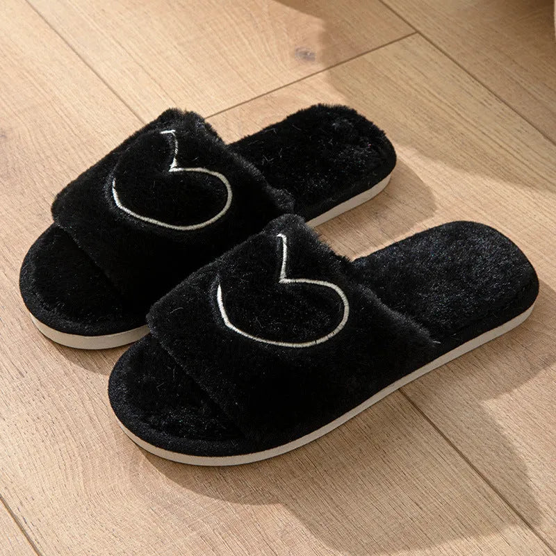 Plush open toe couple slippers in black with TPR sole and thickening upper