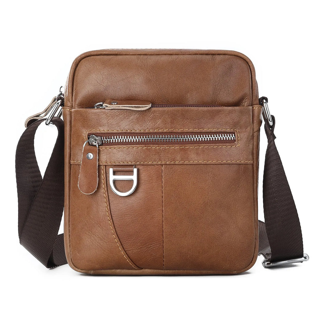 Genuine cowhide leather messenger bag for boys in black or brown with visible sewing lines
