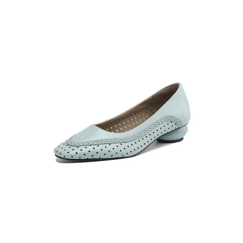 Women's milky white goat skin sandals with hollow-out design and beef tendon sole.