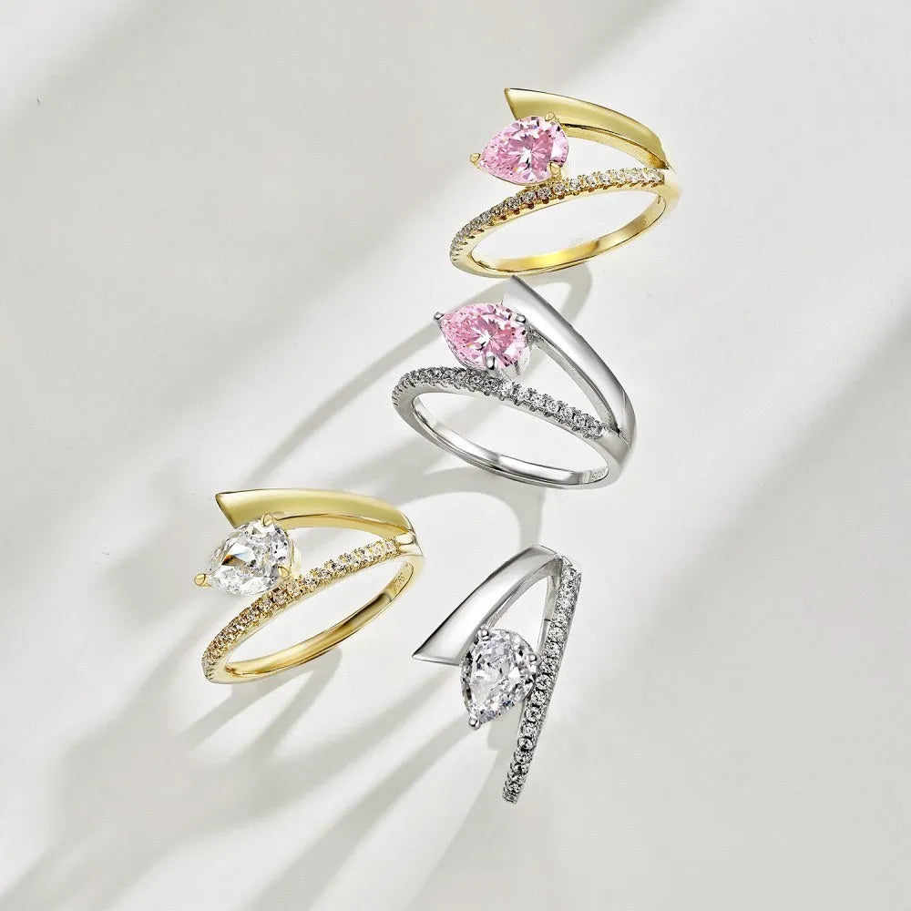 Women's silver water drop ring with electroplating and geometric teardrop design, shown in a listed colour option