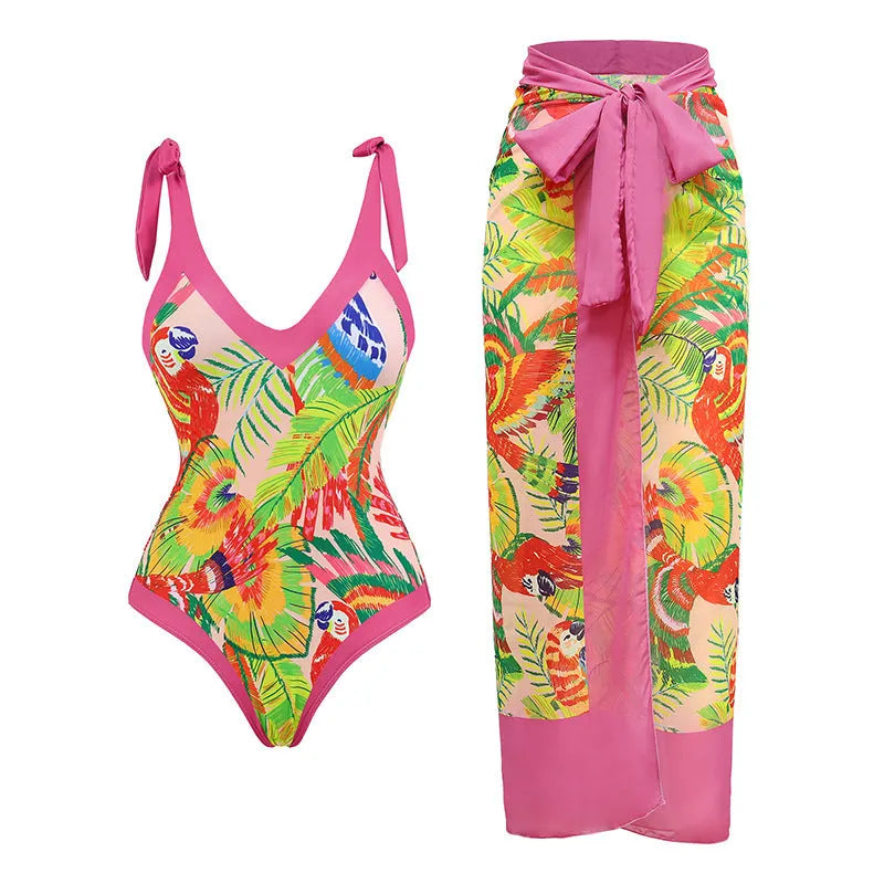 Retro floral print one-piece swimsuit with V-neck design and thin attached skirt