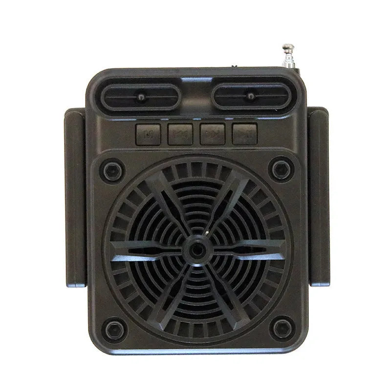 Black plastic solar emergency FM radio with USB charging port and built-in speaker, 10.5x11.5x9.5 cm
