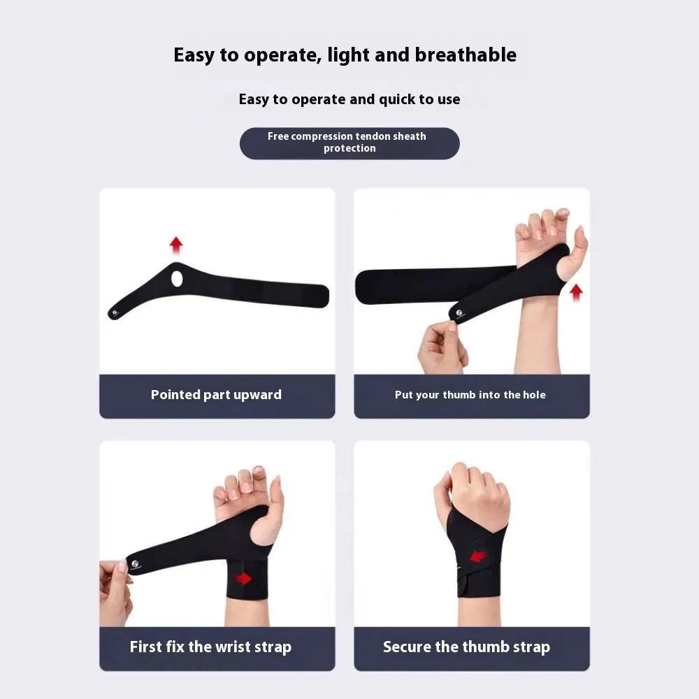 Adjustable black athletic wristguard shown on a wrist, demonstrating its thin, breathable design for sports.