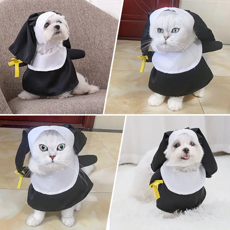 Black polyester nun costume for cats and dogs, free size, for Halloween holiday dress-up