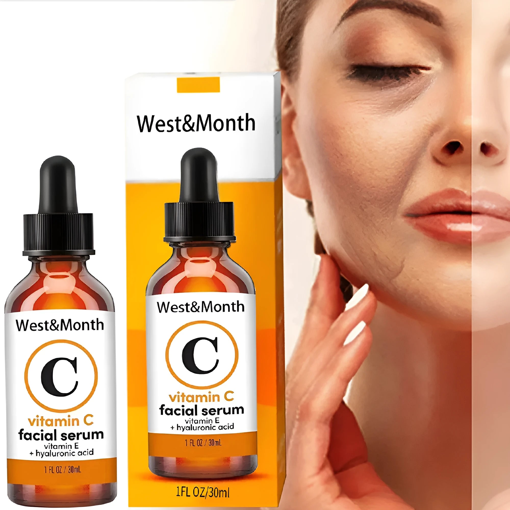 30ml anti-aging facial essence with Vitamin C and hyaluronic acid in a clear glass dropper bottle