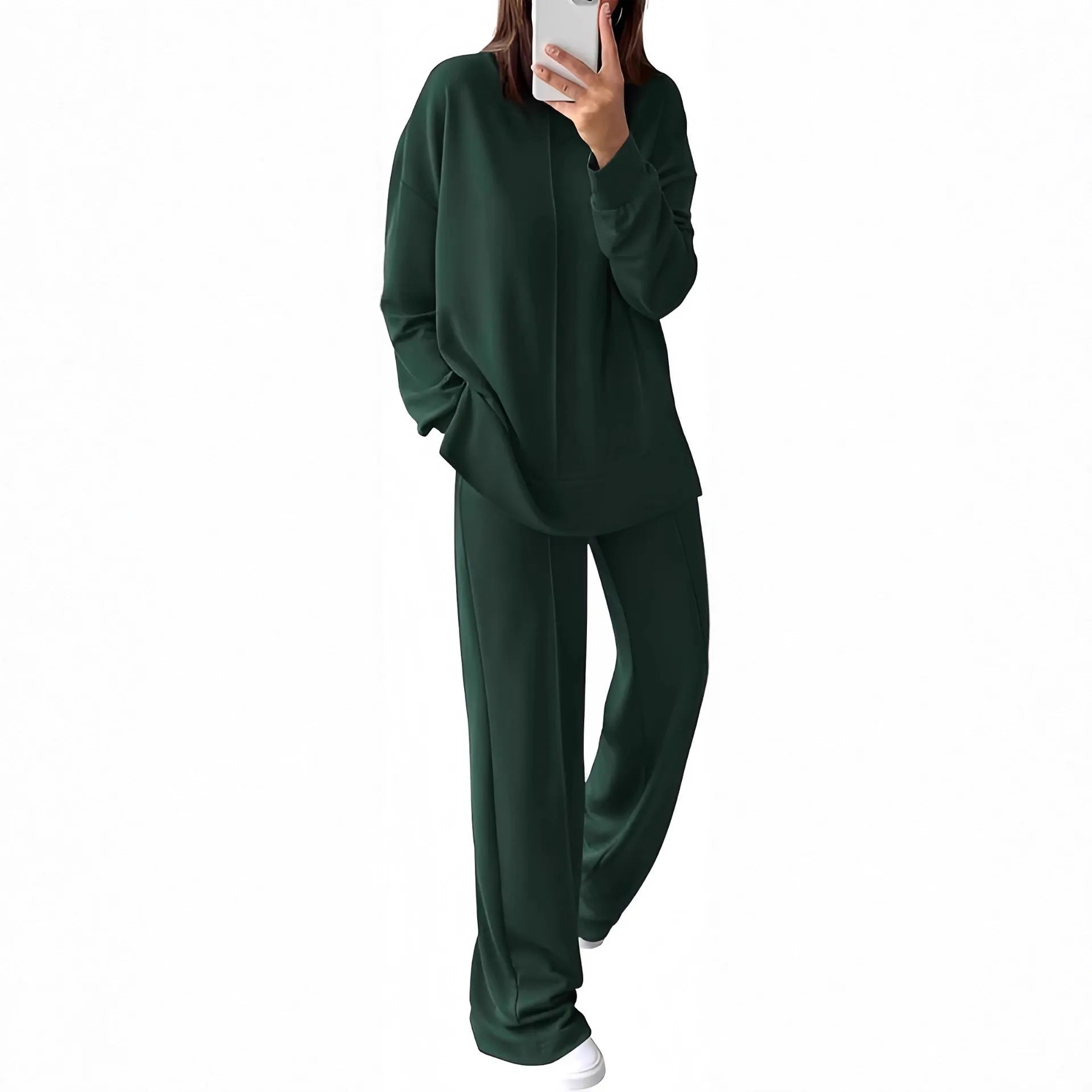 Women's long sleeve polyester jogging suit two-piece set in army green, shown in Asian size medium.