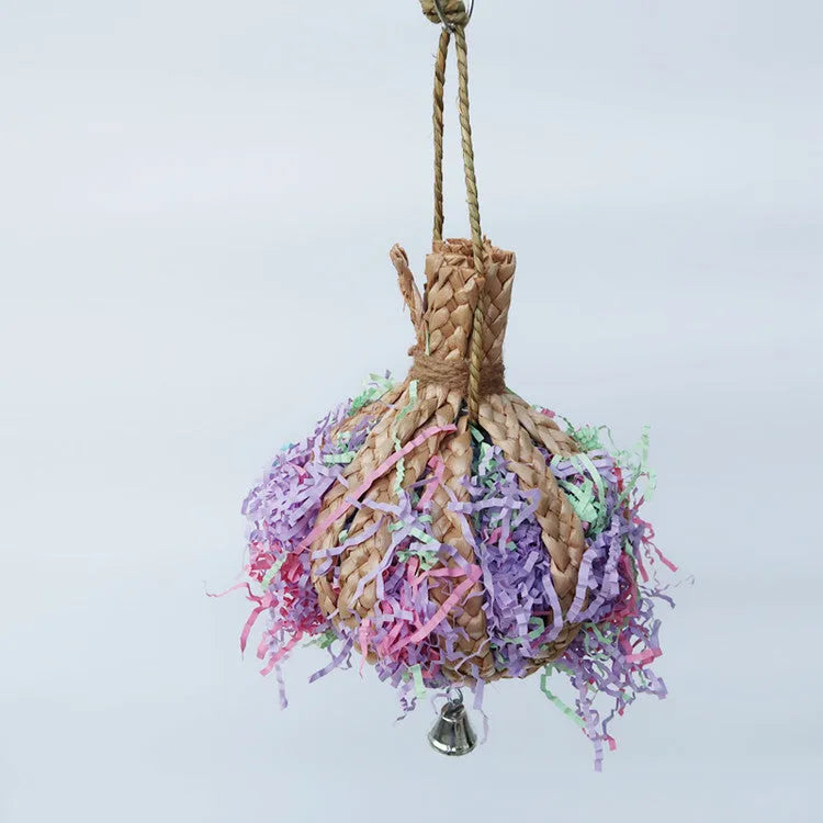 Parrot straw rope toy made from straw paper, approximately 15cm diameter and 23cm long