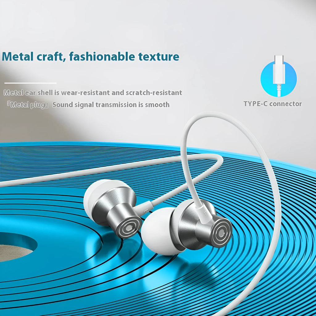 Type-C stereo wired earphones with 1.2m cable, available in black, white and red