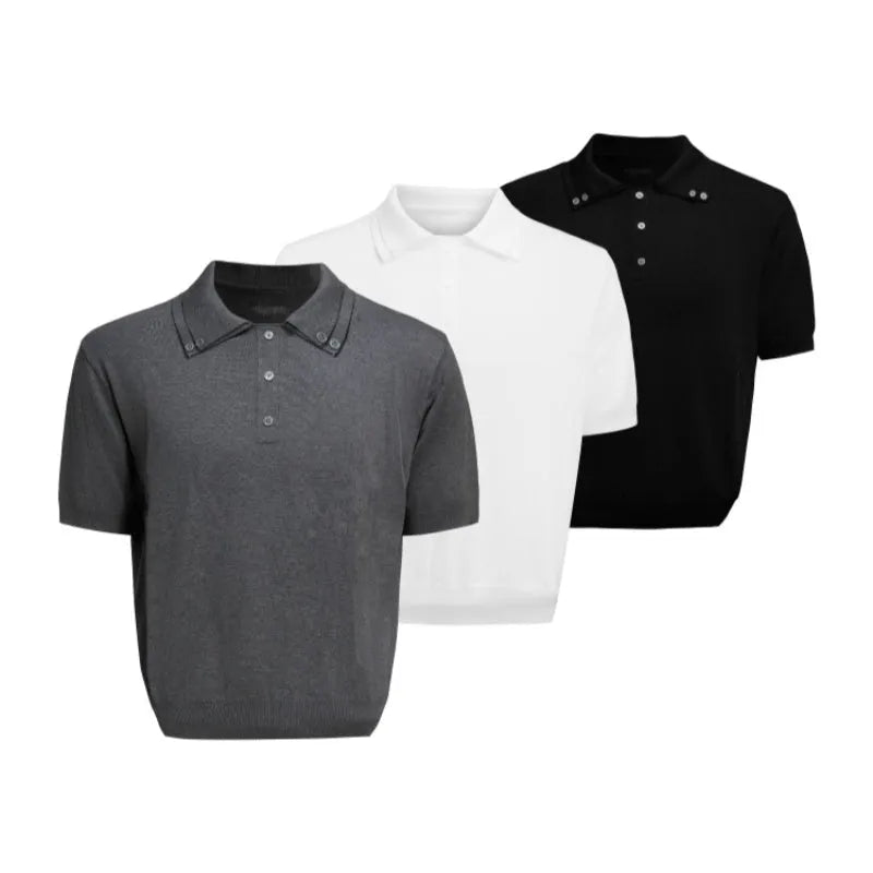 Men's black polyester short sleeve shirt with double collar lapel design and loose fit