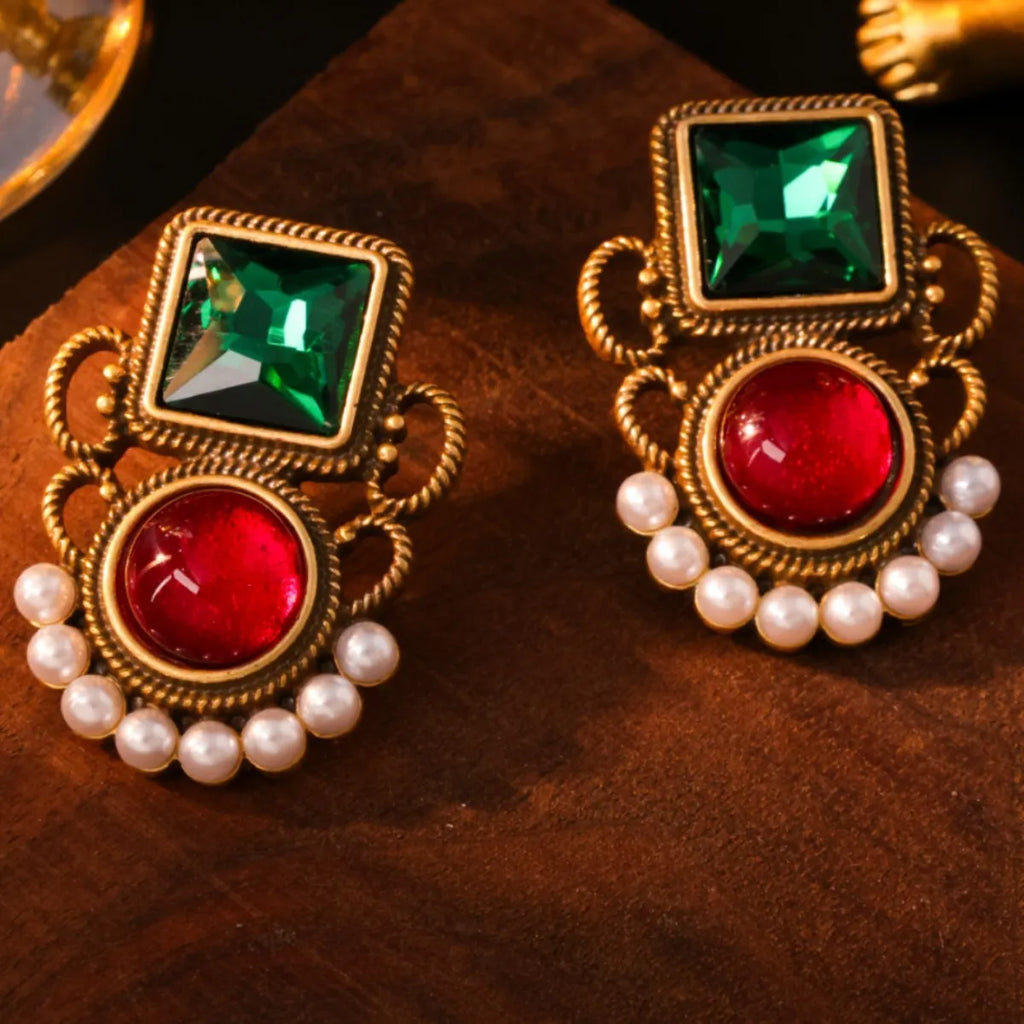 Colourful jelly glaze flower ear studs in alloy with electroplated finish, Chinese style, 3.8 x 2.9 cm