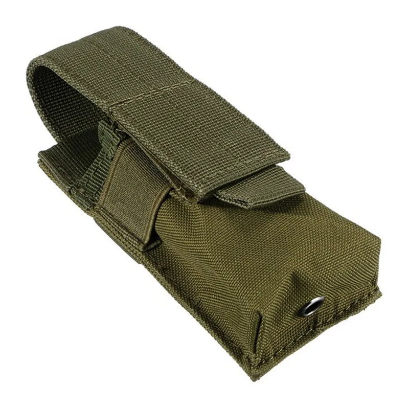 Black Molle tactical waist bag with elastic cord buckle, shown with dimensions 14cm x 5.5cm x 4cm.