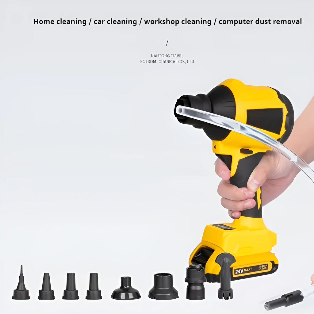 Yellow handheld cordless dust gun or blower for cleaning household and office appliances.