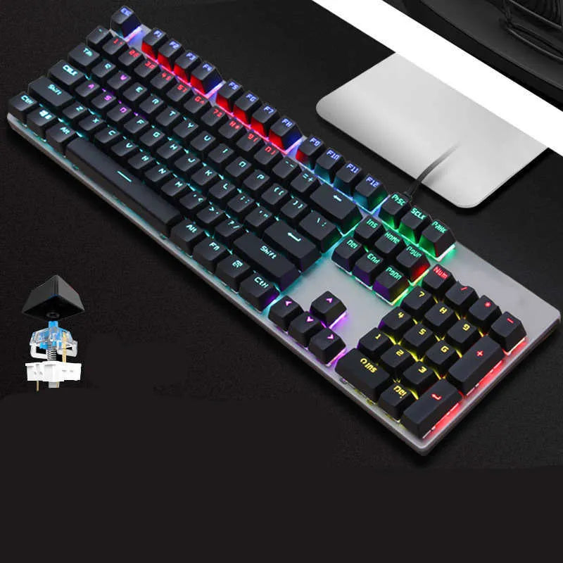 AOC GK410 wired mechanical keyboard with green switches and backlit keys on a desktop.