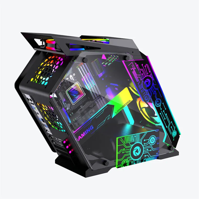 Special-shaped table computer case in bare metal finish with internal RGB fan lighting visible