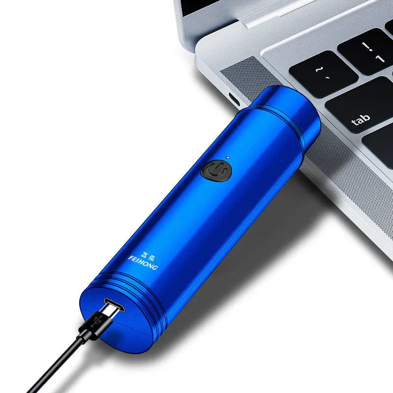 Black and blue portable electric shaver with USB cable and detachable washable head.
