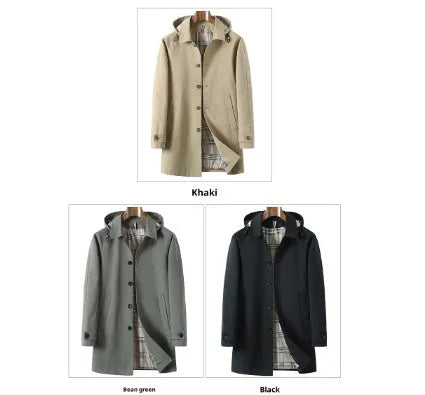 Men's trench coat detachable hat solid colour side seam pocket khaki polyester blend