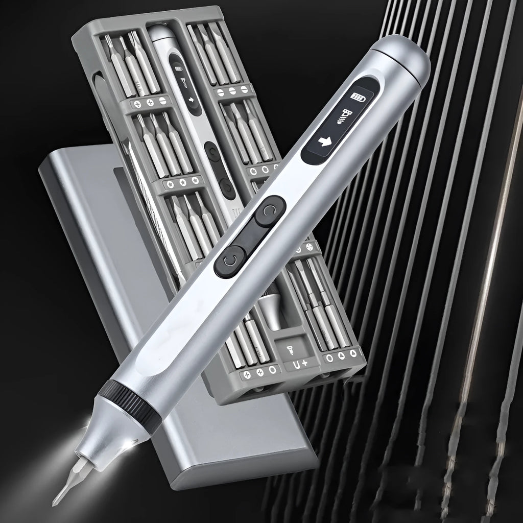Precision electric screwdriver with aluminium alloy handle, showing compact 134.5mm length design.