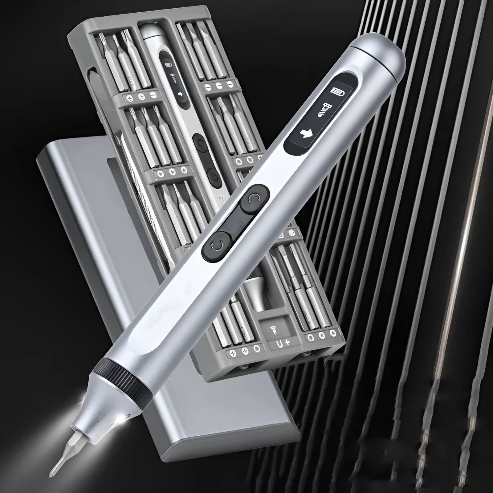 Precision electric screwdriver with aluminium alloy handle, showing compact 134.5mm length design.
