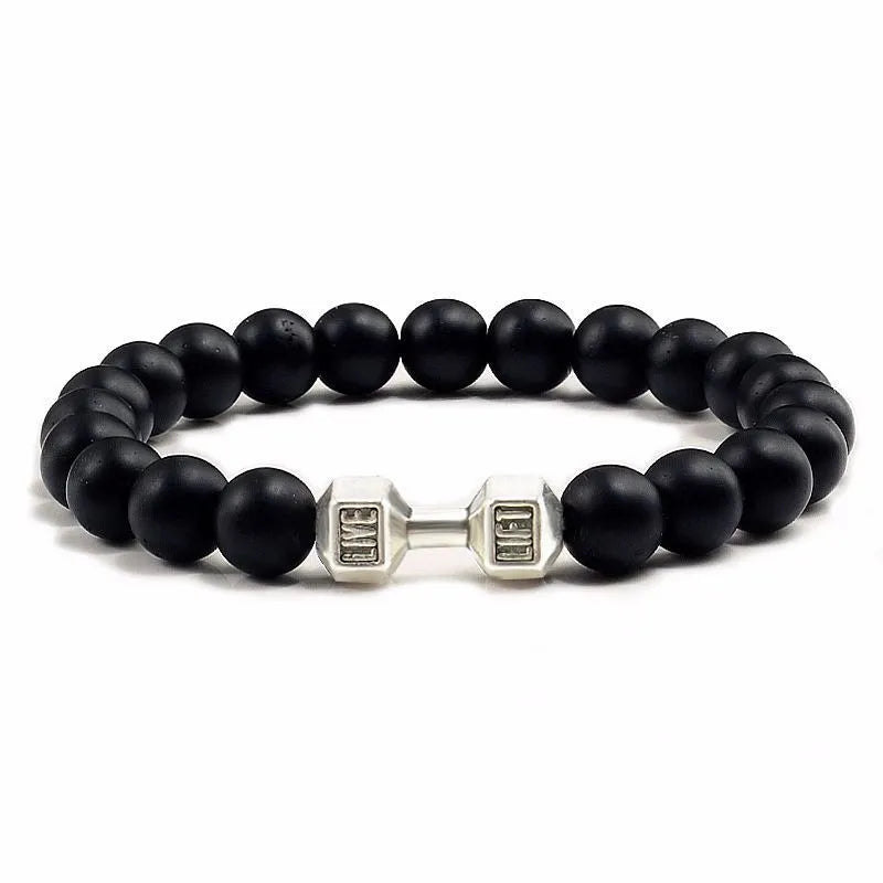 Natural volcanic stone beads bracelet black lava unisex electroplated black matte gold dumbbell detail