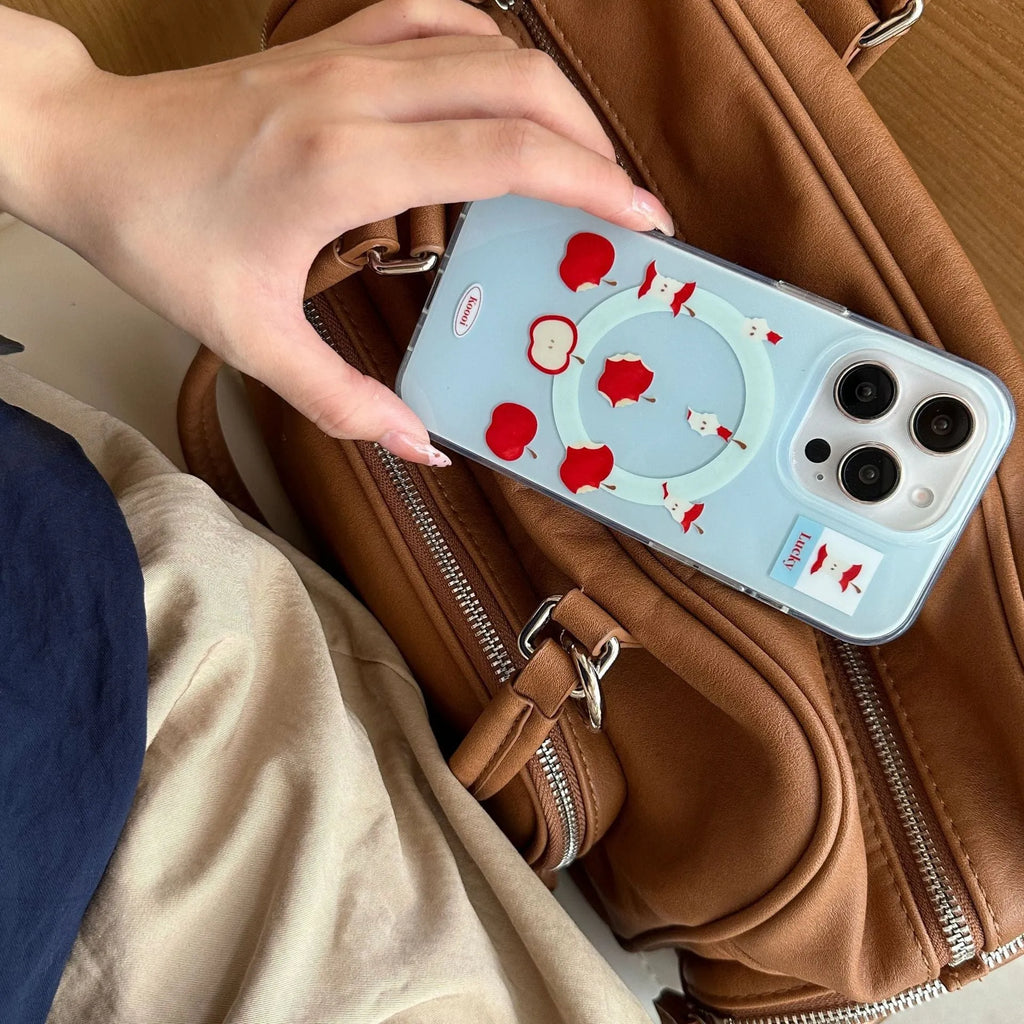 Magnetic phone case with blue bottom for Apple iPhone showing embossed finish and side view