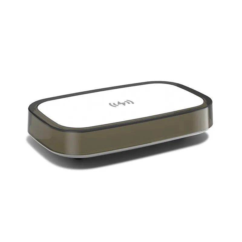 White 15W wireless charger with touch night lamp on a table, 181x111x38mm, ABS PP silicone construction