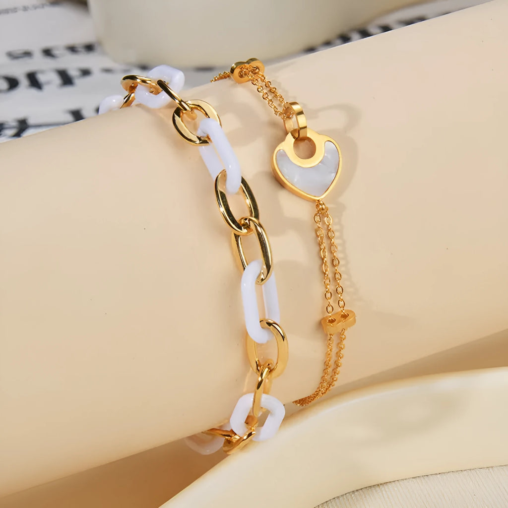 Women's ins style stainless steel bracelet with a double-layered electroplated resin heart charm