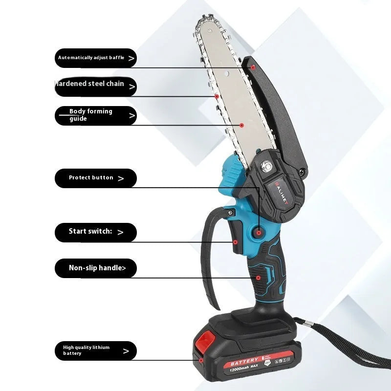 6-inch rechargeable lithium chainsaw with dual battery and plastic storage box against white background