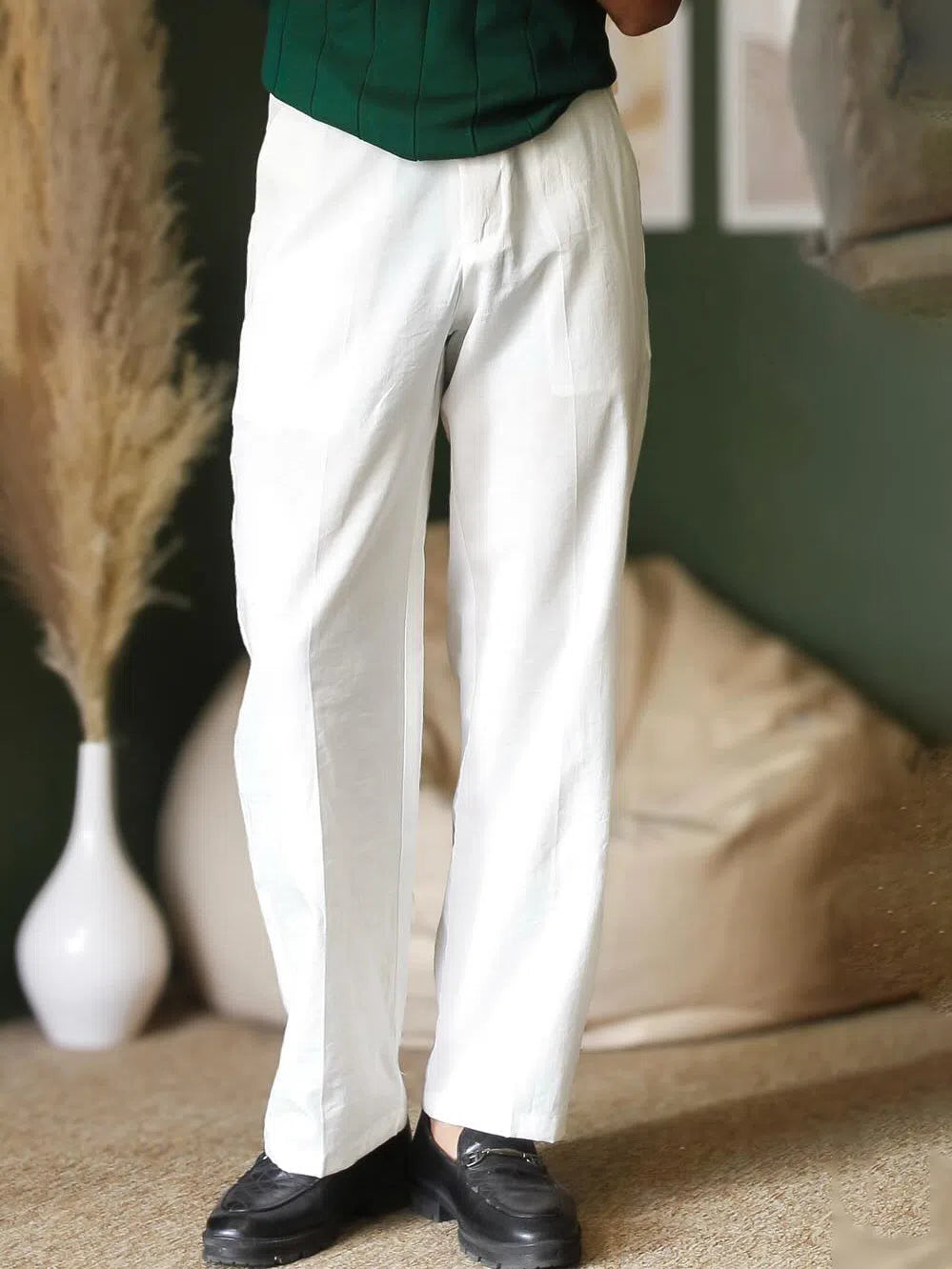 Solid colour high waist pants for women, white polyester full-length trousers regular fit
