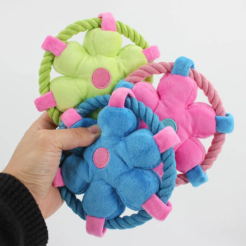 Three funny pet toy animal-shaped chew toys for dogs in blue, green, and pink colours
