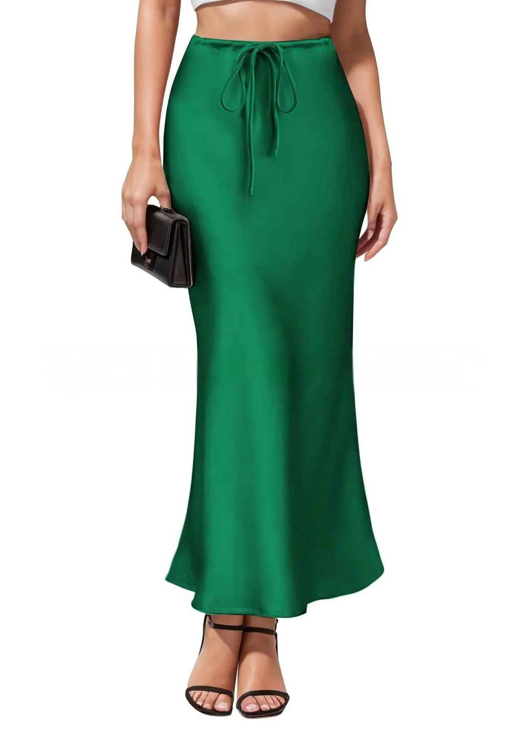 Asymmetric acetate satin skirt with irregular stitching details in high waist design