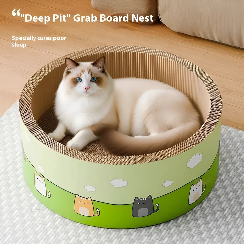 A large, round brown corrugated cardboard cat scratch board with a deep central pit, shown on a wooden floor.