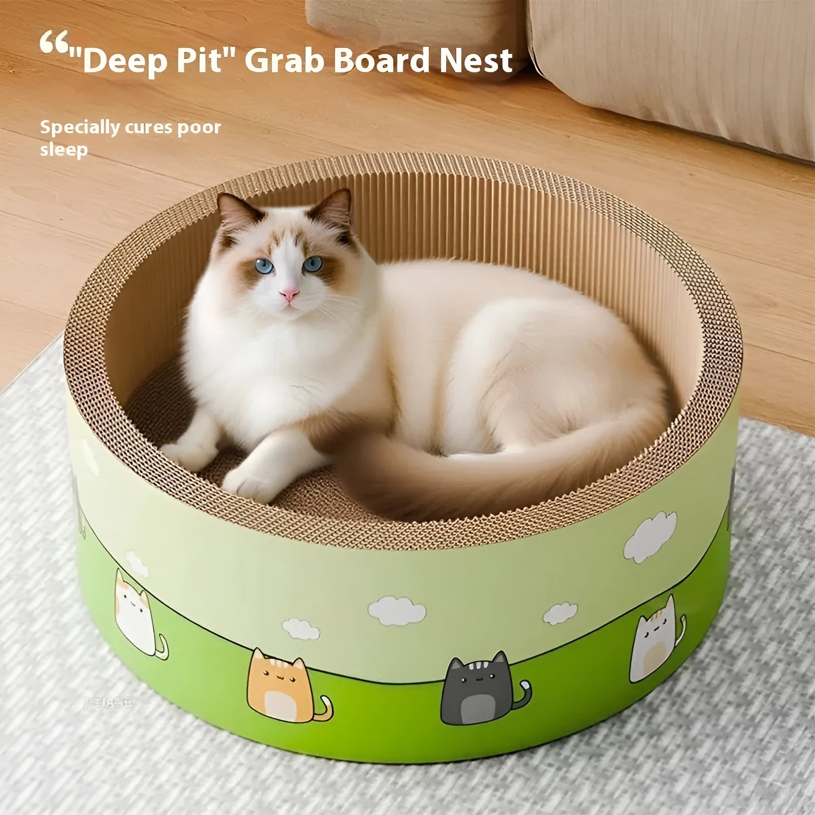 A large, round brown corrugated cardboard cat scratch board with a deep central pit, shown on a wooden floor.