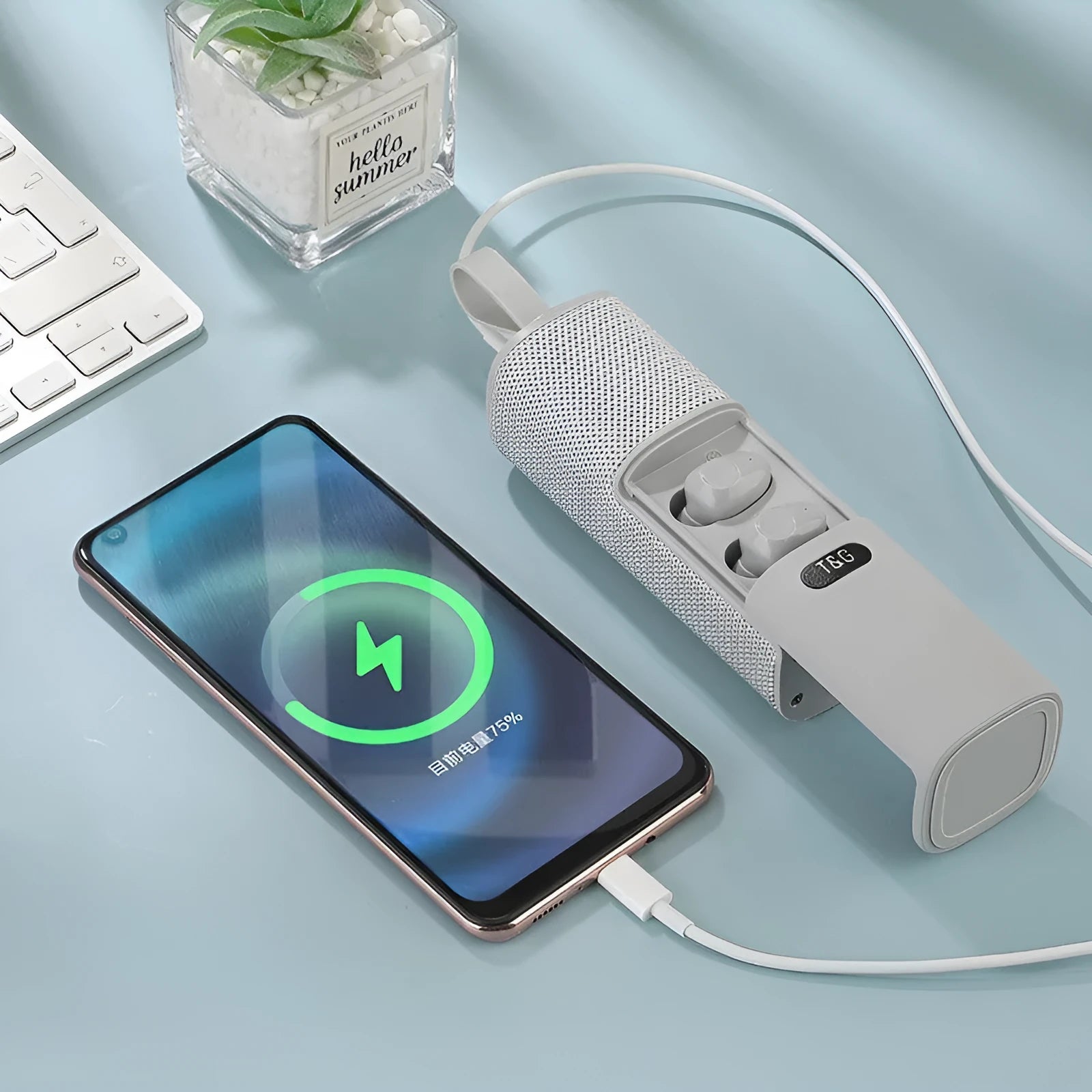 3-in-1 portable Bluetooth speaker headphone power bank in black cylindrical design with dual speakers and controls