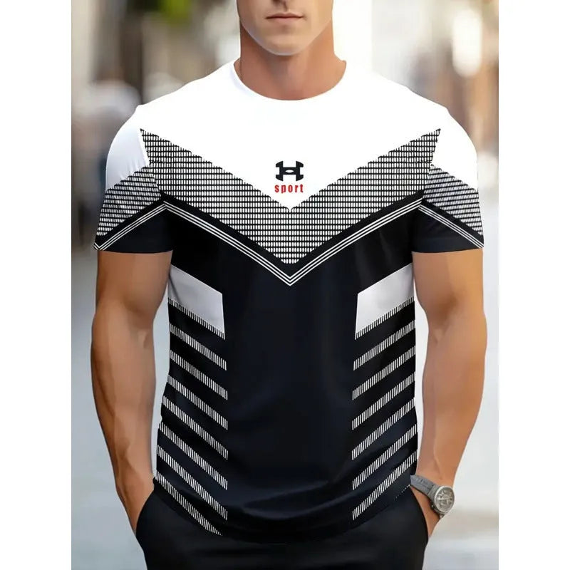Men's loose short-sleeve T-shirt with digital 3D printed stripe pattern on polyester fabric.