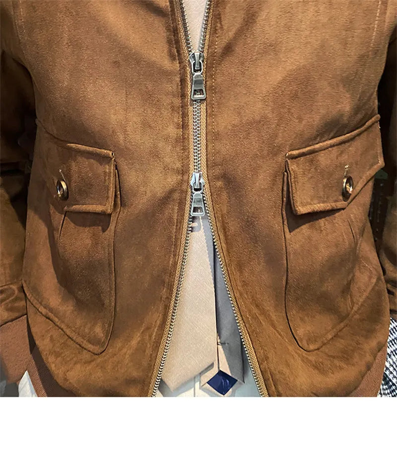 Men's suede coffee bomber jacket in dark brown with zip front and flap closure