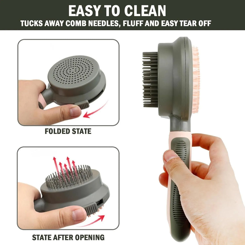 Green and pink double-sided cat brush with release button and a separate flea comb on a white background.