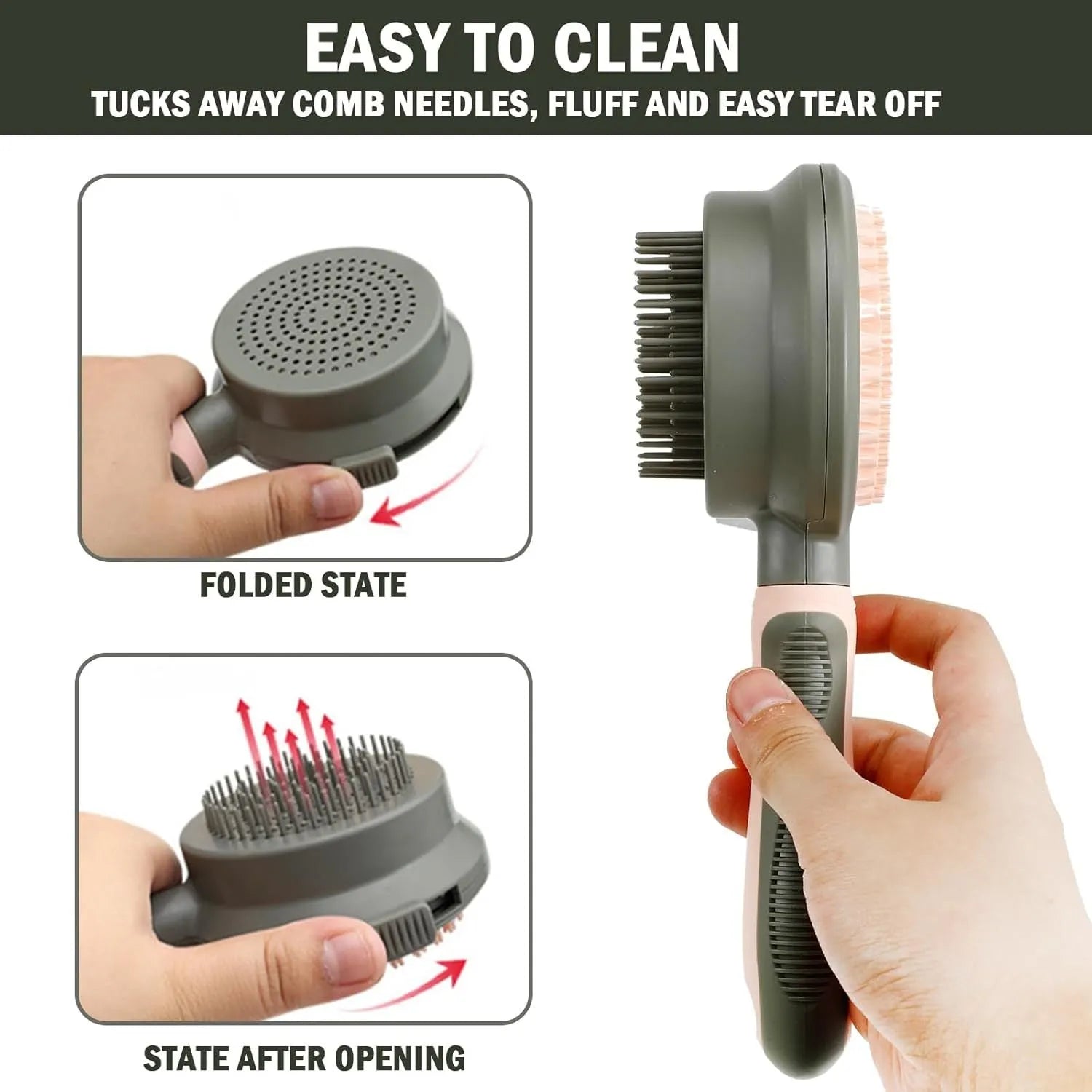 Green and pink double-sided cat brush with release button and a separate flea comb on a white background.