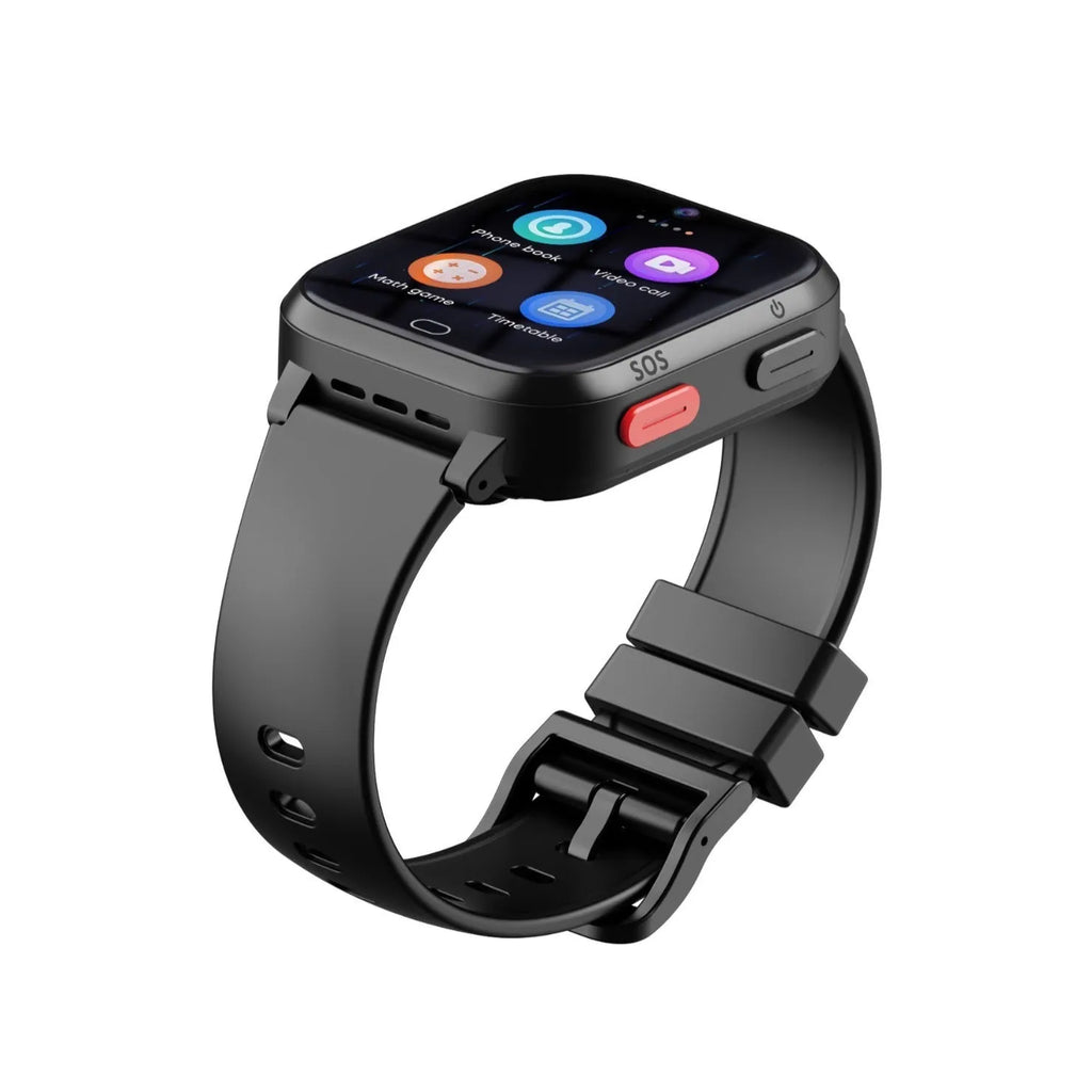 Child smart watch phone in black, blue, and pink colours with 1.83-inch screen and wrist strap