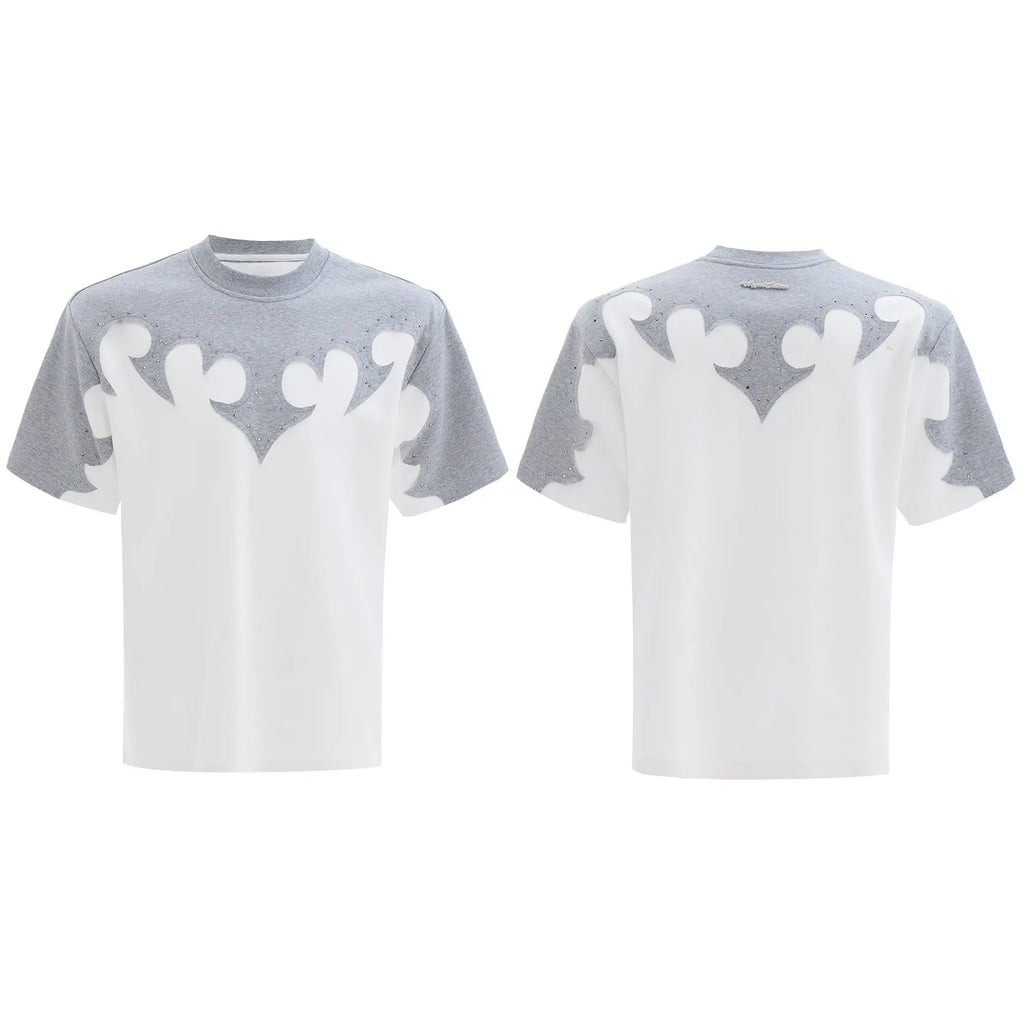 Men's heavy cotton short sleeve shirt with burnt flower 3D stitching and rhinestone decoration in loose fit