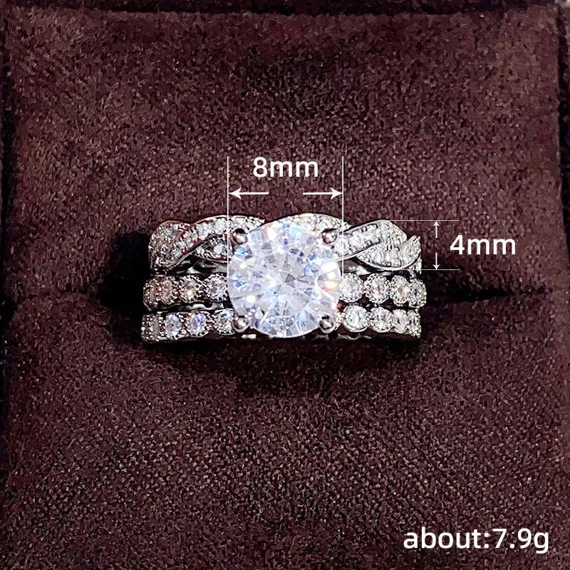 Three ring set copper zircon geometric design Q147 white gold colour for women sizes No.6-10