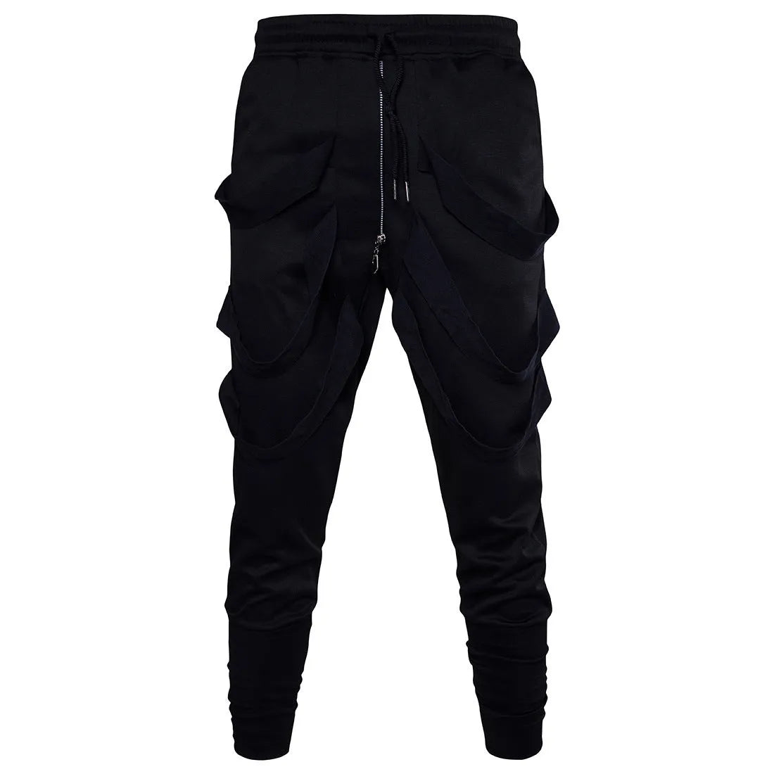 Men's black low crotch cross trousers with tapered cone leg and small hem on a plain background