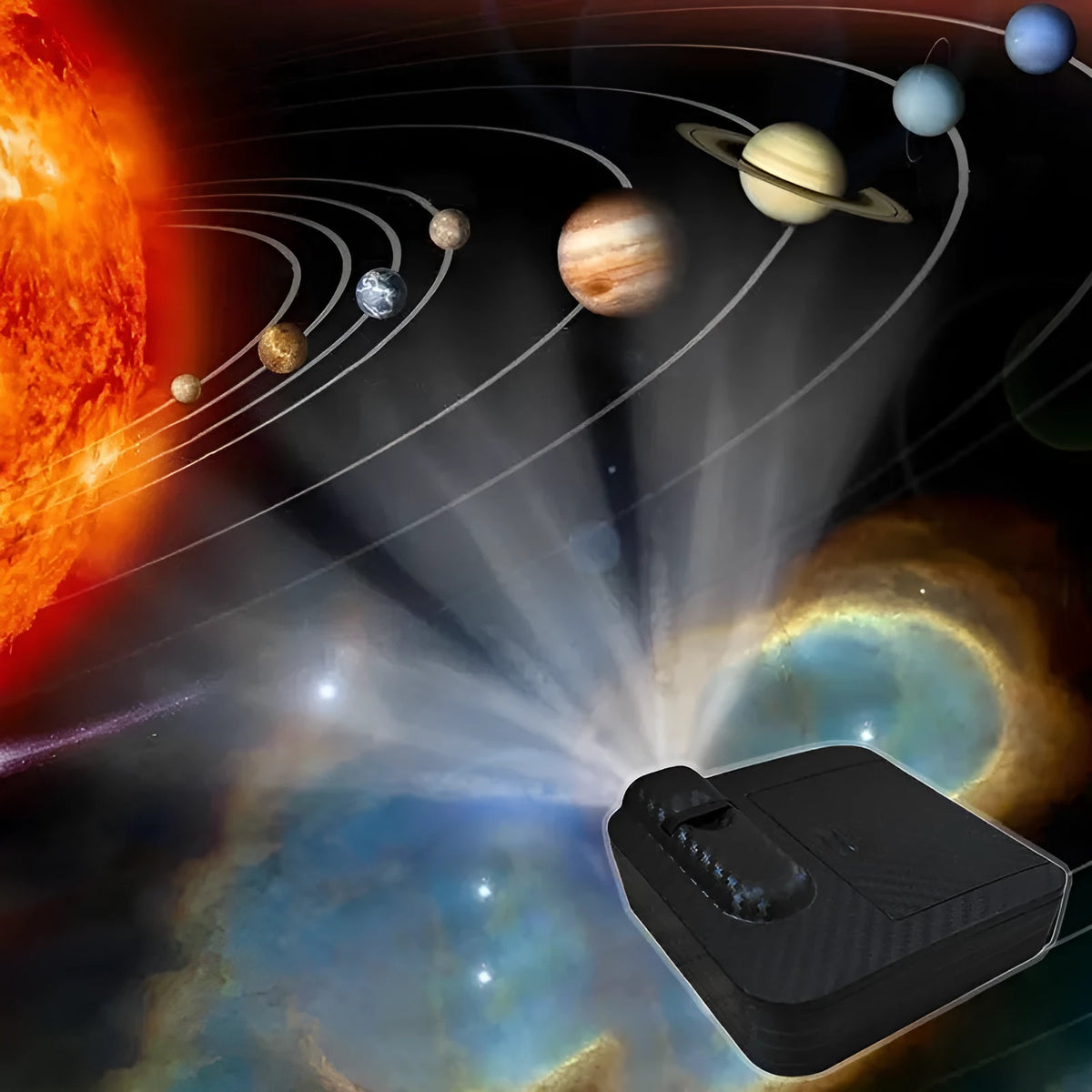 Aurora Moon Galaxy Projection Lamp in plastic casing with 6.1cm dimensions, battery-powered, projecting a galaxy pattern onto a wall.