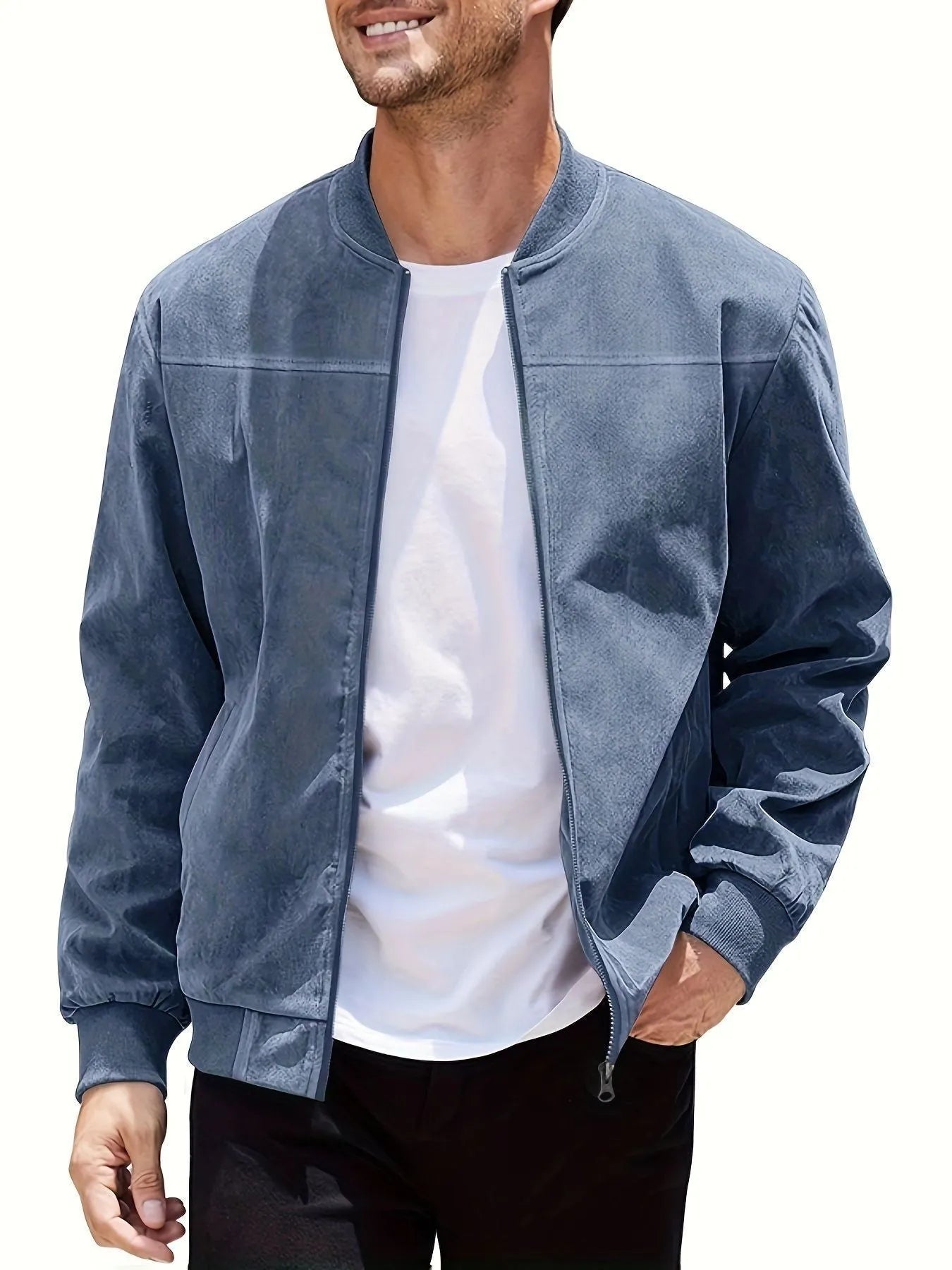 Men's casual plus-size suede zip jacket in Army Green shown on a model.
