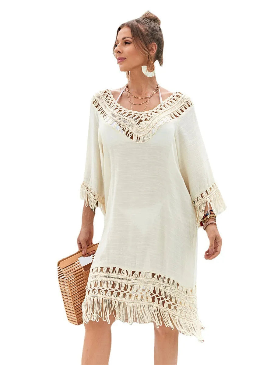Apricot coloured hand crocheted women's long beach dress for swimming