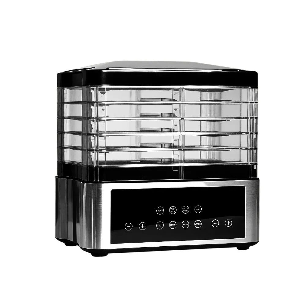 Silver stainless steel fruit dehydrator with 14-litre capacity and digital temperature control panel