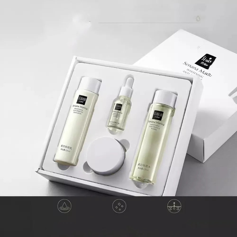 Whitening and freckle removing skin care kit with hydrating moisturising brightening products in Gold Luxury packaging