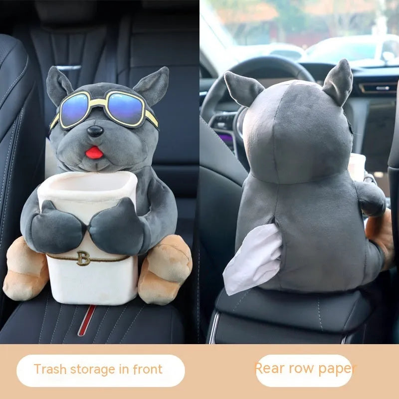 Plush car tissue box with creative dog design hanging on flip armrest box, 27x33cm