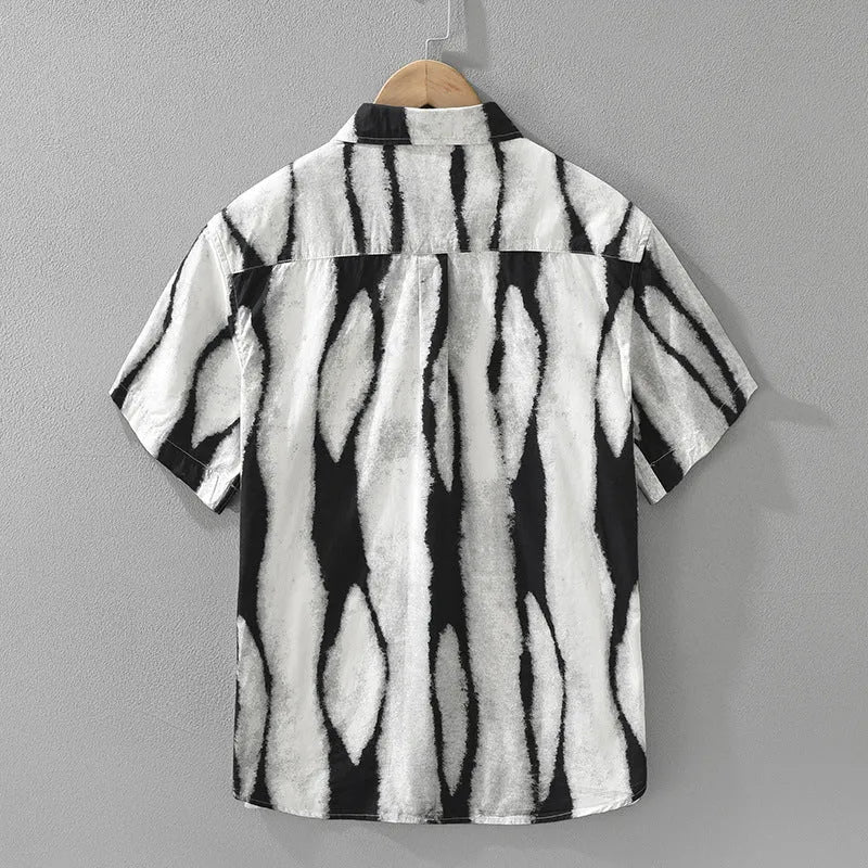 Retro striped black and brown short sleeve cotton shirt with a cardigan-style loose fit.