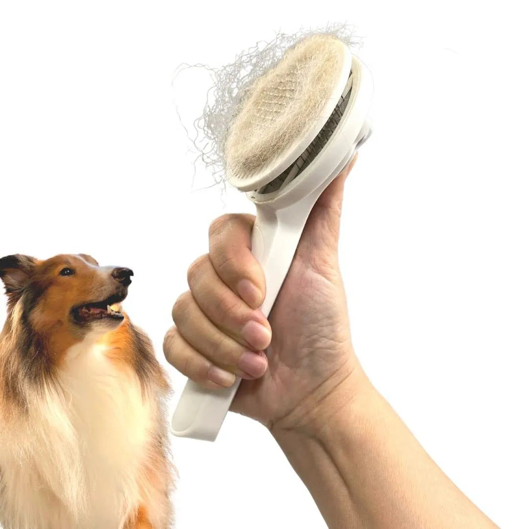 Blue grey pink self-cleaning pet grooming brush with ergonomic rubber handle.